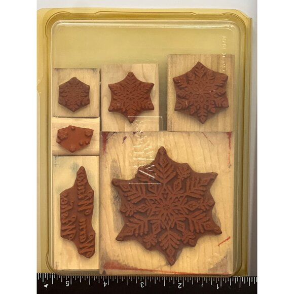 2001 STAMPIN' UP! SNOWFLAKES WOOD MOUNTED RUBBER STAMP SET OF 6 WINTER WISHES - Picture 3 of 5